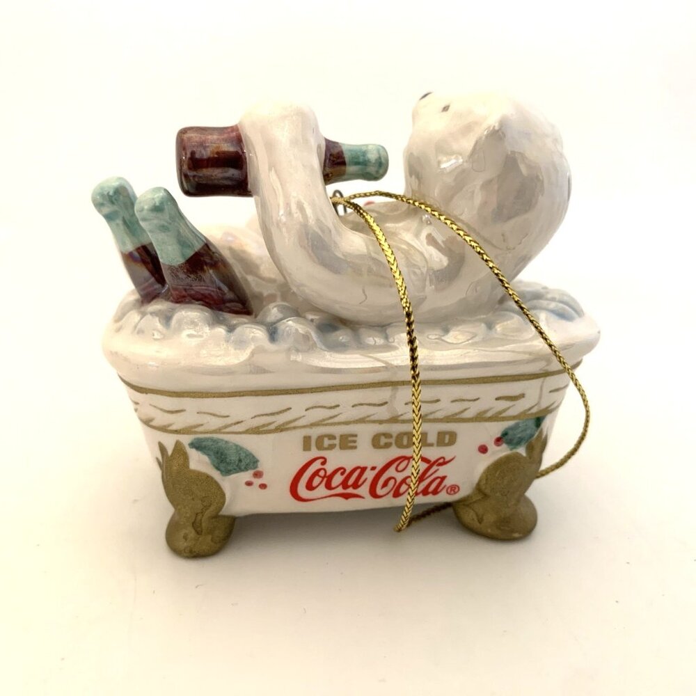 4 Coca-Cola Pearlescent Porcelain Xmas Ornaments 3 Santa 1 Polar Bear Vintage - Picture 13 of 15